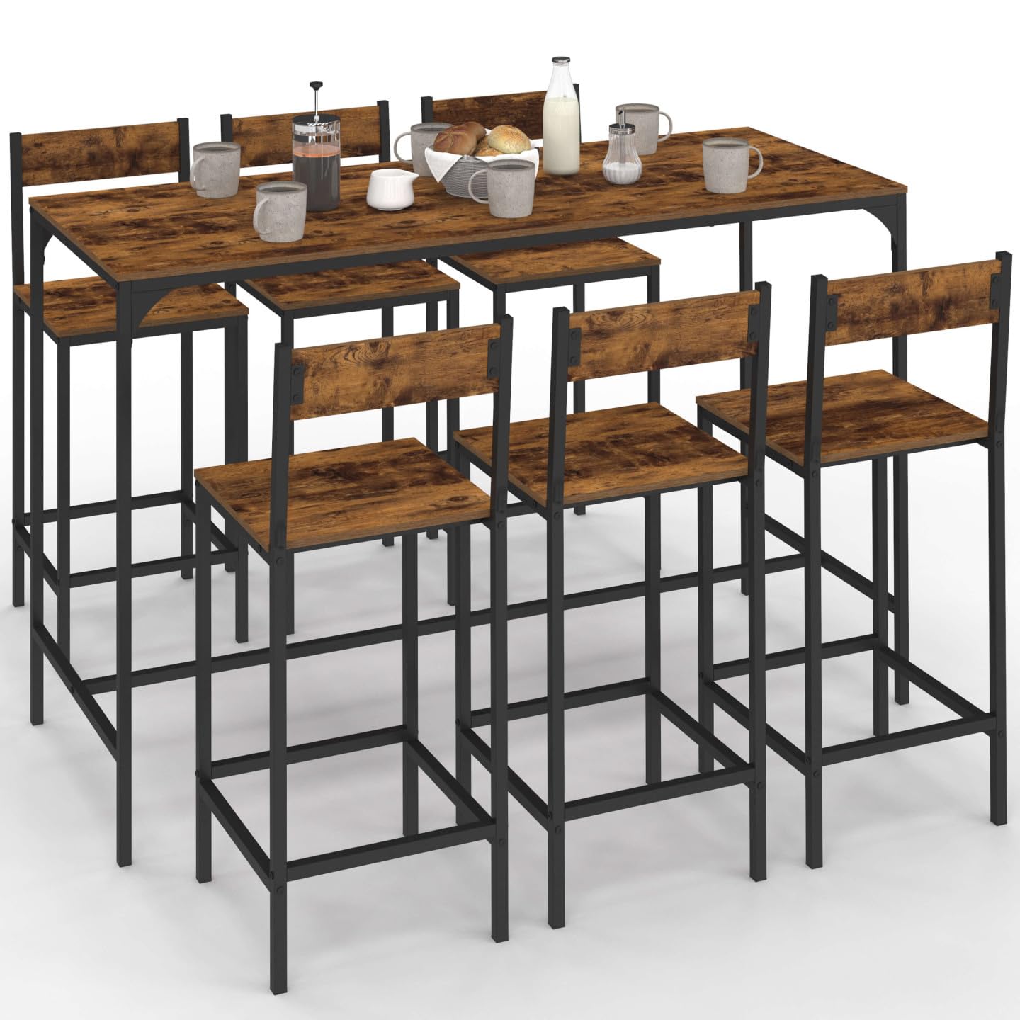 IDMarket - Mesa de bar y 6 taburetes DAYTON, de 150 cm de altura, con efecto envejecido, diseño industrial