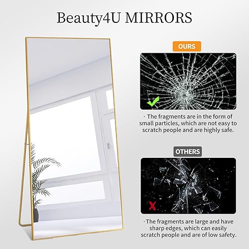 Miniatura 4 de Beauty4U Espejo grande de longitud completa de 71 x 32 pulgadas con soporte, espejo dorado de cuerpo completo, marco de metal, espejo templado de