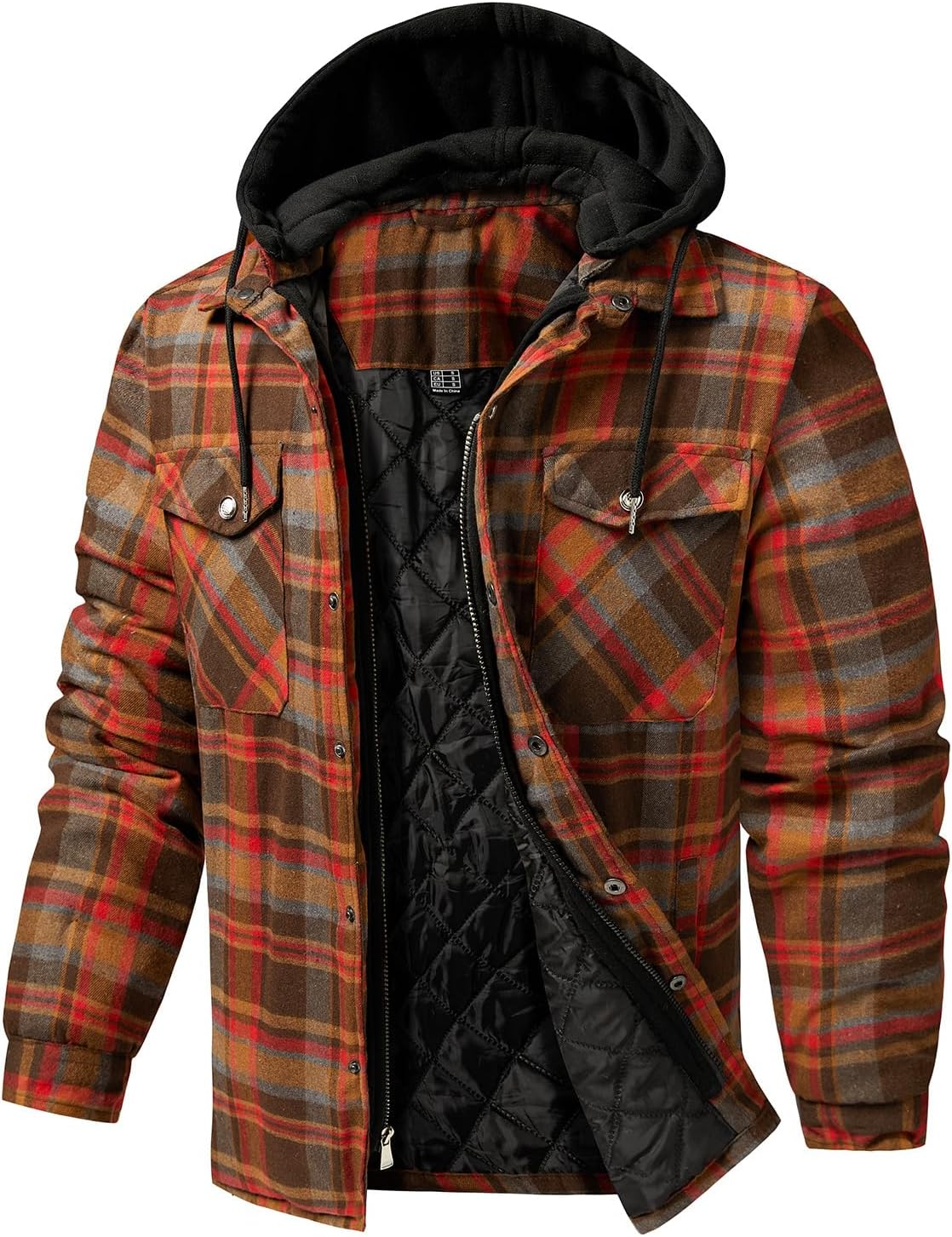 CHEXPEL Flannel Jackets for Men Long Sleeve Plaid Shirt Jacket Quilt Lined Hooded with Button Down Winter Coat