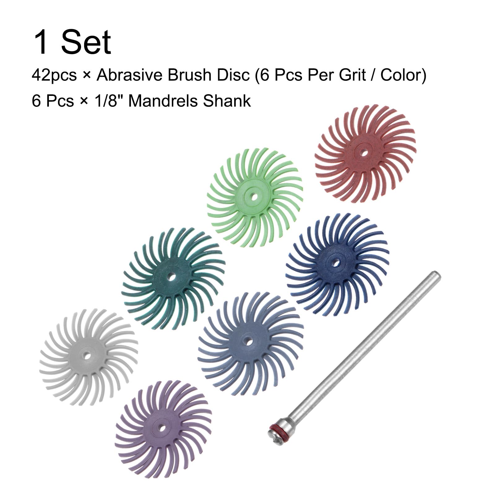 QUARKZMAN 42 Pezzi Set Dischi A Setole Radial 1" 80-2500 Grana Kit Spazzole Abrasive Per Levigatura Ruote Per Lucidatura Con 6 Mandrini 1/8" Per Pulitura E Lucidatura Di Gioielli Metallo