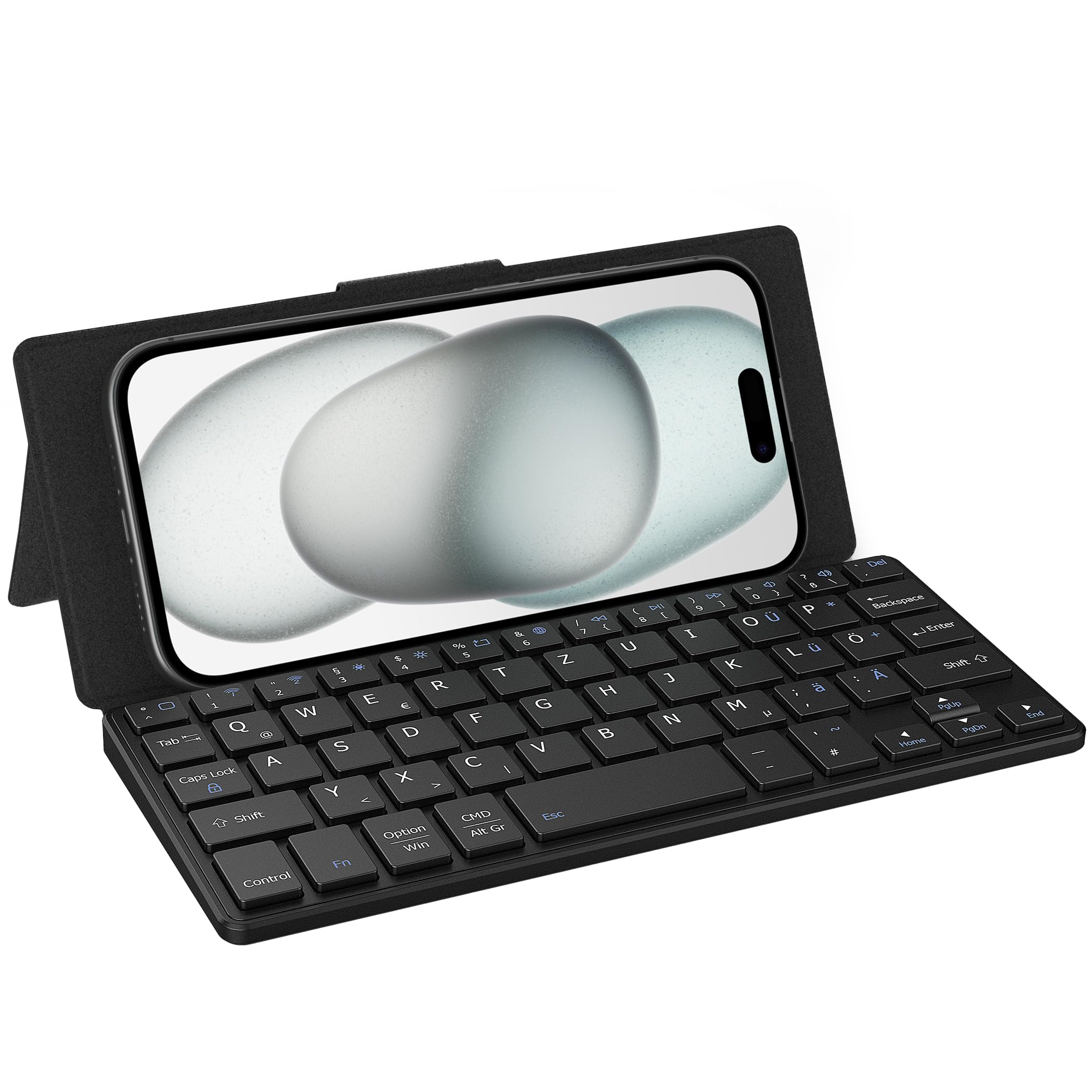 CACOE Mini Bluetooth Tastatur mit Ständer für Handy, Ultraflache Tragbare, Faltbare, Dual-Channel Tastatur mit Stellhalterung für Smartphone und mehr iOS Android Windows, Schwarz