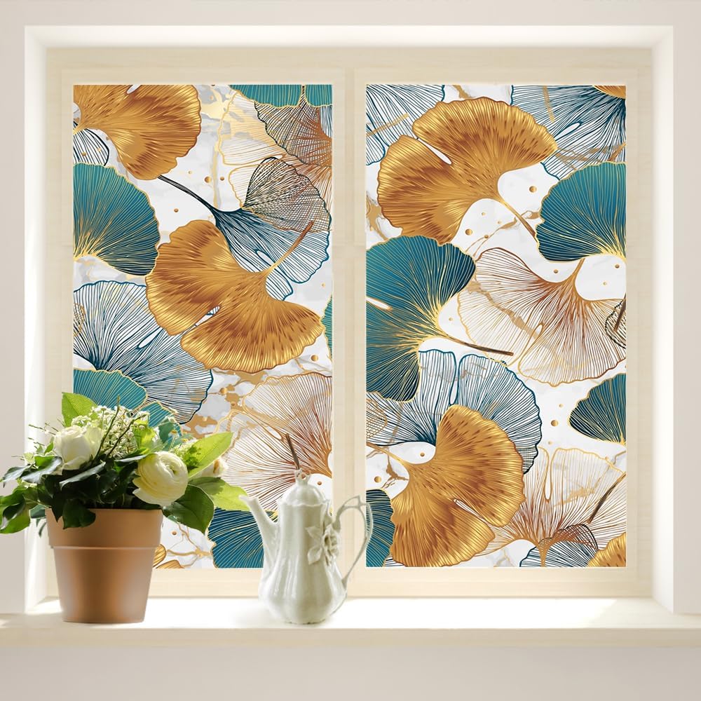 Brebasf Vintage Ginkgo Leaves Privacy Blackout Window Film Abstract Modern Art Colorful Ginkgo Leaves Marble Design Reusable Self Adhesive Insulated Window Stickers-35.4W x78.7L in x2Pcs