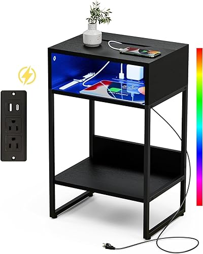 Innerjoin Mesa auxiliar con estación de carga puertos USB A y C, mesita de noche LED con compartimento de almacenamiento, mesa auxiliar de cama con