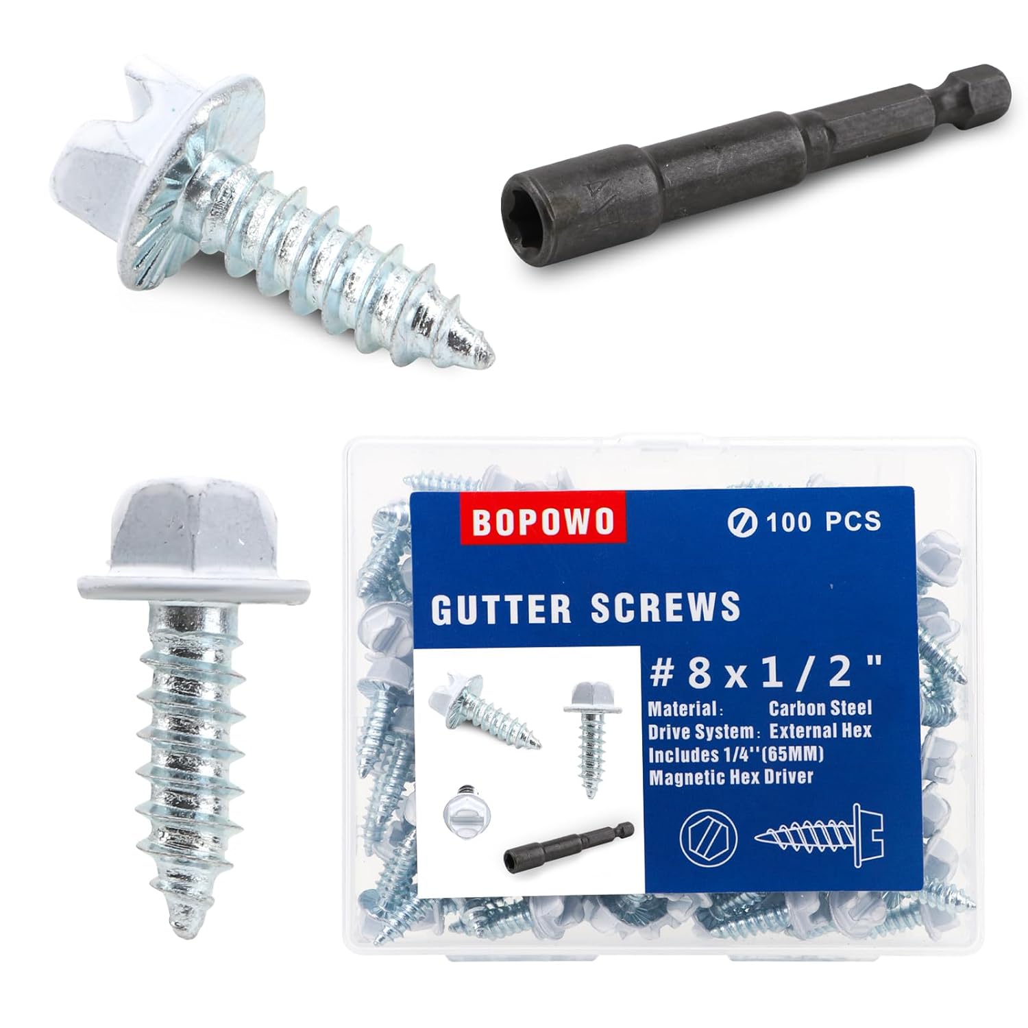 Self-Tapping Gutter Screws White Painted Slotted Hex Washer Head #8 x 1/2″ Zinc Plated Finish, Includes 1/4″ Magnetic Hex Driver – for Gutter Install