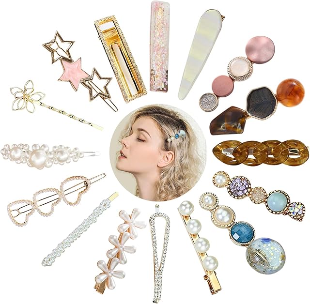 VEGCOO 16Pcs Pearl Hair Clips, Fashion Hair Barrettes Girls Hairpins Acrylic Resin Barrettes Hairpins Set for Women Ladies and Girls Headwear Styling Tools Hair Accessories (C)