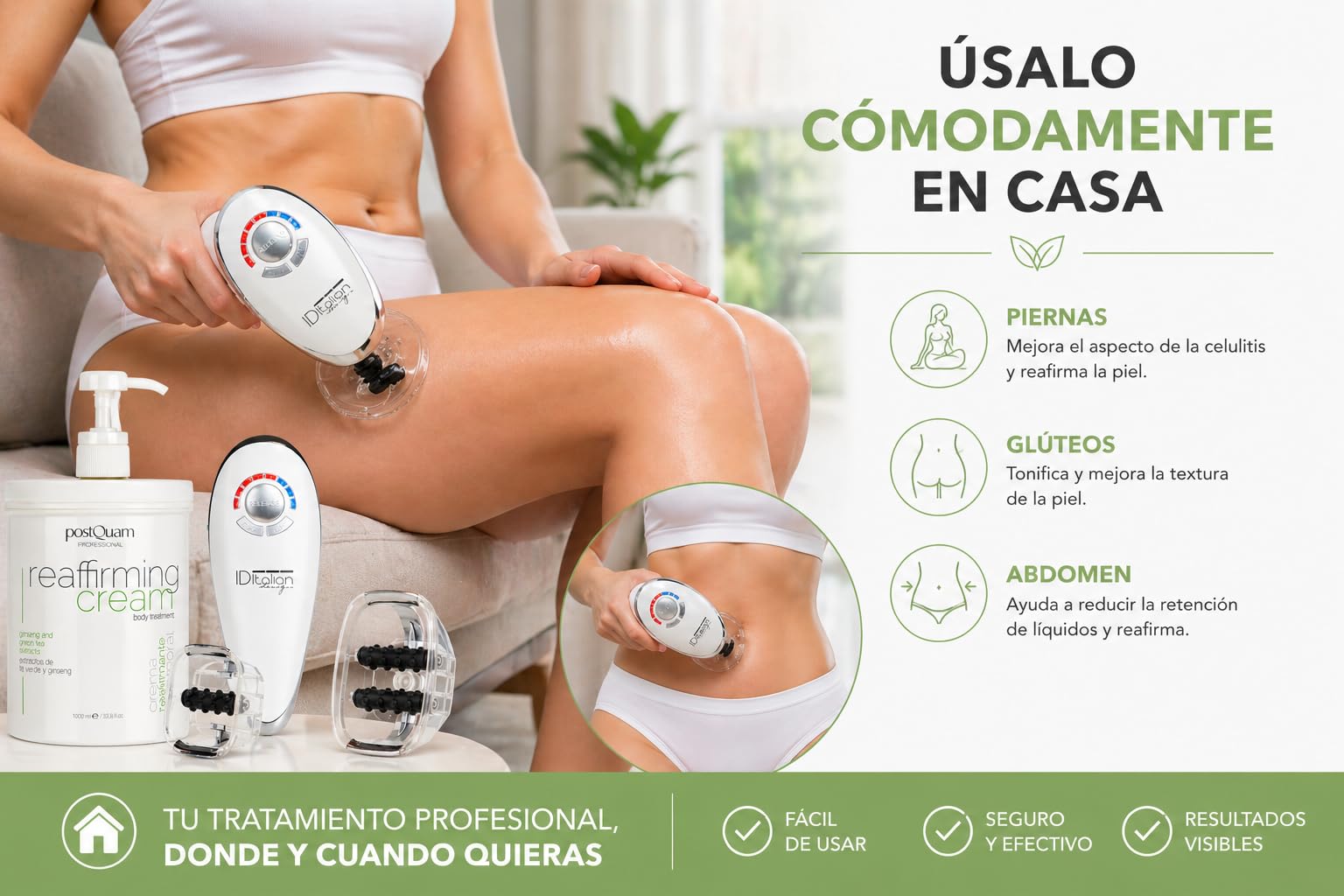 PostQuam Professional - Tratamiento Anticelulitis Completo en Casa – Crema Reafirmante 1000 ml + Masajeador Corporal Vacuum – Reduce Celulitis, Activa Circulación y Mejora la Firmeza de la Piel