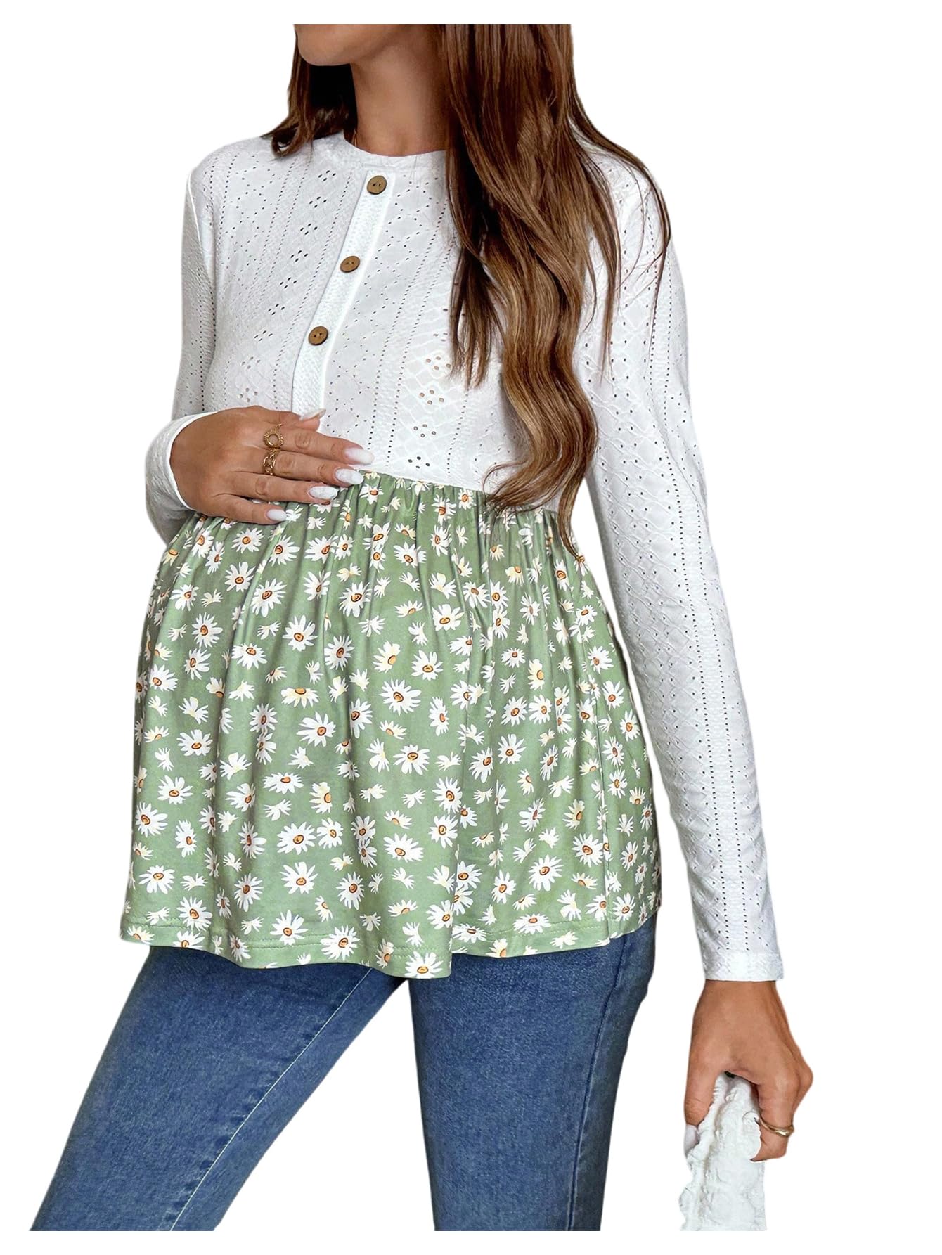MakeMeChic Womens Maternity Shirts Crew Neck Button Up Long Sleeve Boho Top Blouse Maternity Clothes