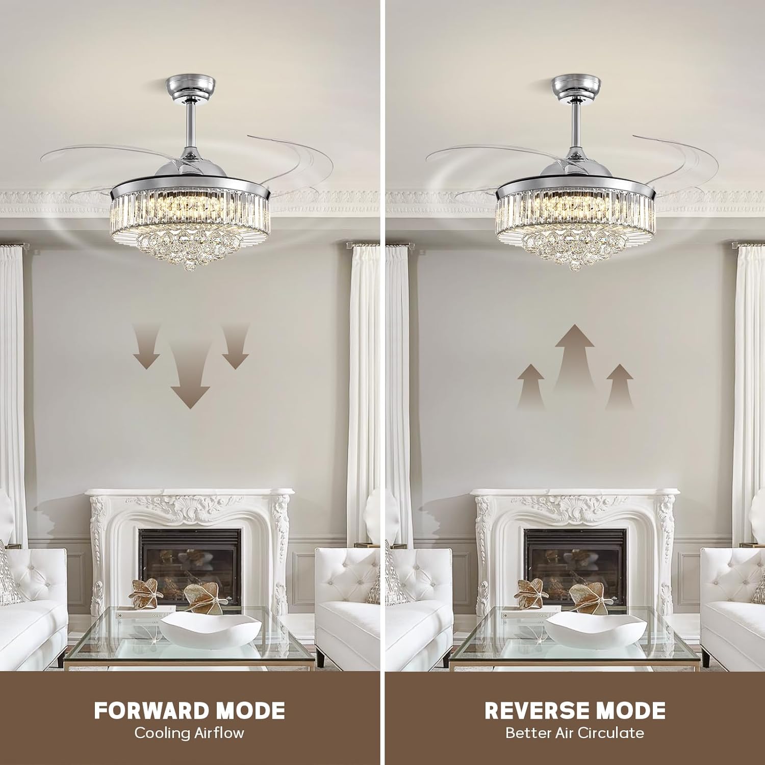 CROSSIO 48" Crystal Chandelier Ceiling Fan with Light Modern Ceiling Fan with Retractable Blades Crystal Fandelier with Remote Control Chrome Fandelier for Dining Living Room