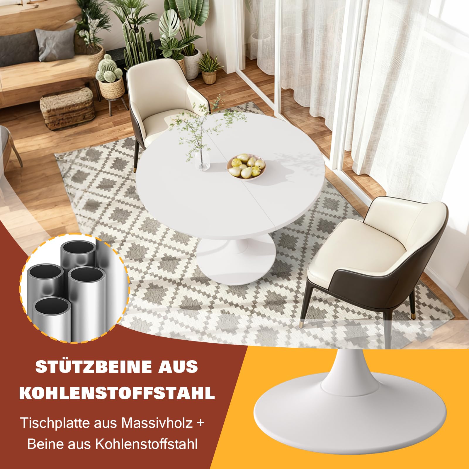 Ausziehbarer Esstisch, Ø 90 cm / 130 × 90 cm, Höhe 75 cm,