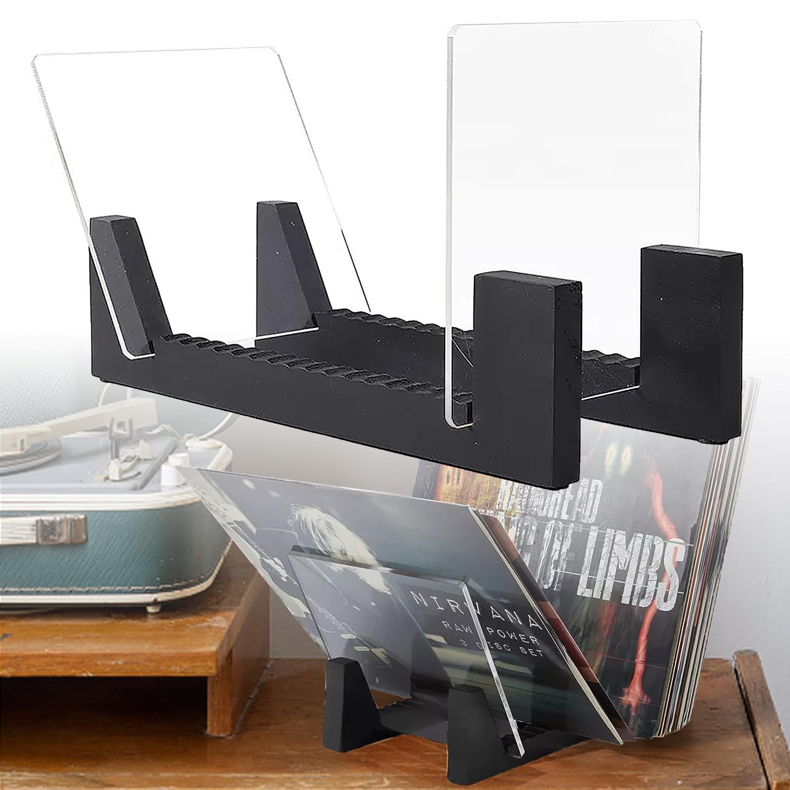 Winylowy organizer na płyty LP, płyta winylowa, stojak, przechowywanie do 50 albumów lub płyt CD, podstawa z litego drewna ze szkłem akrylowym, kolor czarny