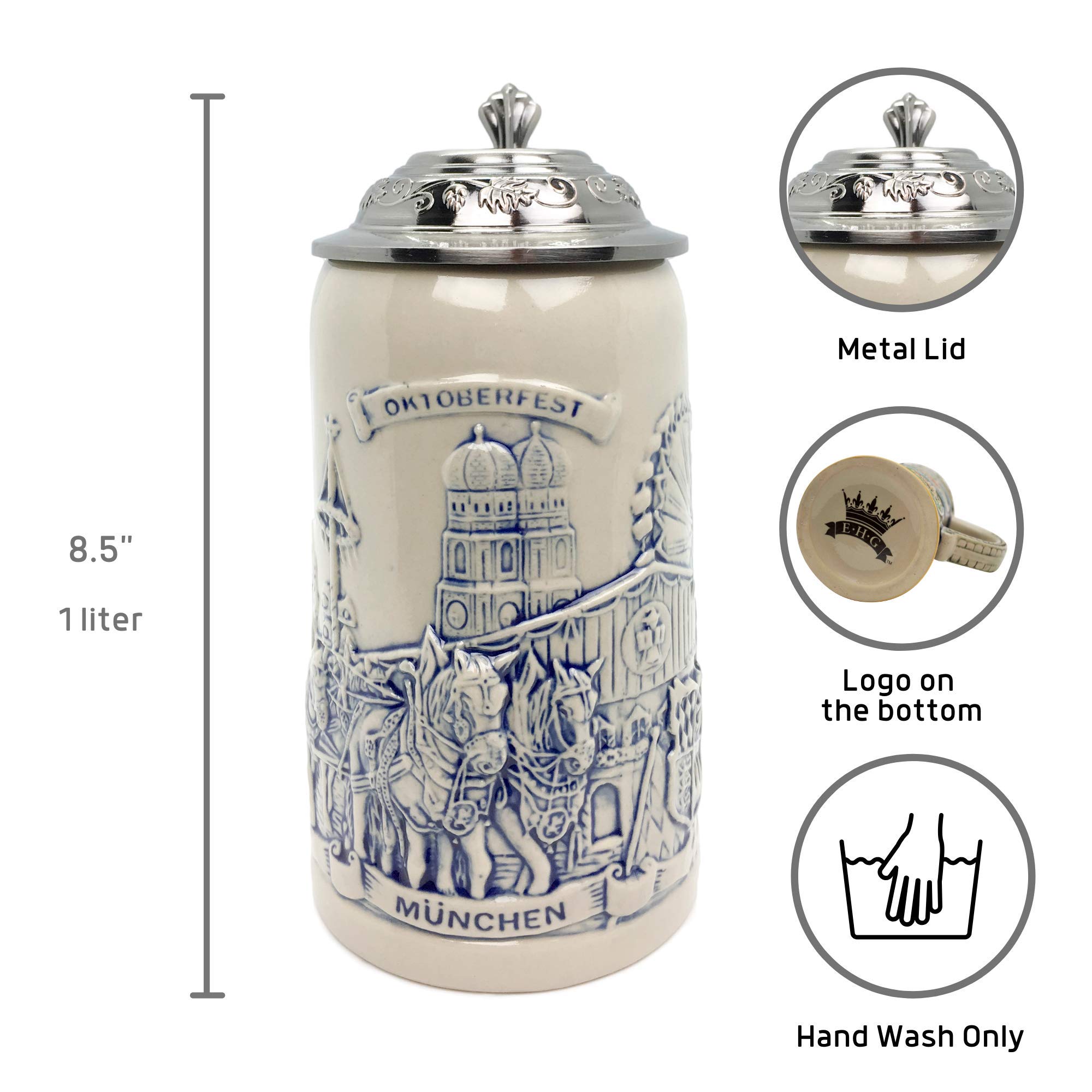 Essence of Europe Gifts 1 Liter | OktoberfestHaus Oktoberfest Tassen graviert Bierkrug Deutsch Hochrelief München Festival Szene Steingut Bierkrug Bierkrug Bierkrug mit Deckel