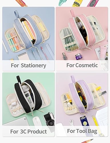 Miniatura 5 de SUNEE Lindo estuche para lápices, estuche estético para bolígrafos con 3 compartimentos, bolsa de lápices grande de color Kawaii con cremallera,