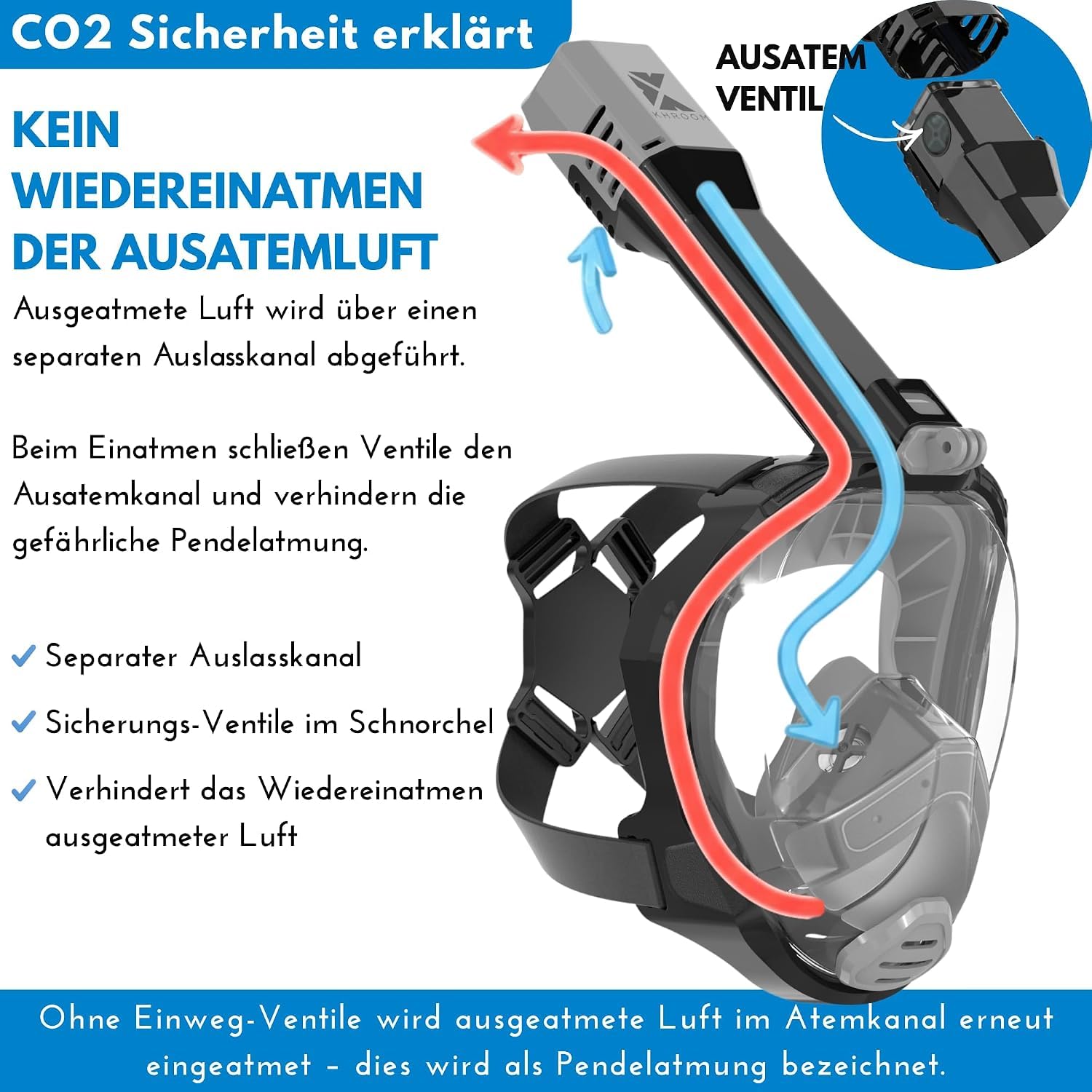 Khroom Schnorchelmaske für Erwachsene Seaview Pro, CO2 sicher | Bekannt aus Höhle der Löwen | Vollgesichtsmaske | 3x größerer Luftkanal | Anti-Beschlag | Action-Cam-Halterung