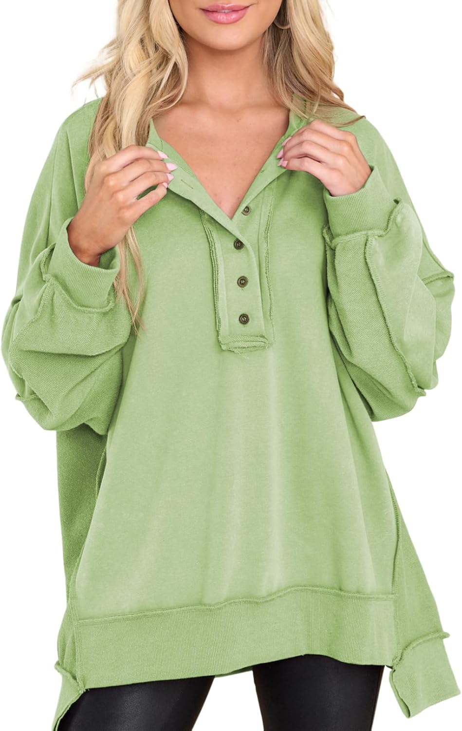 AlvaQ Sweatshirt for Women Oversized Casual Long Sleeve Button Henley Neck Pullover Tunic Tops Fall Fashion Outfits