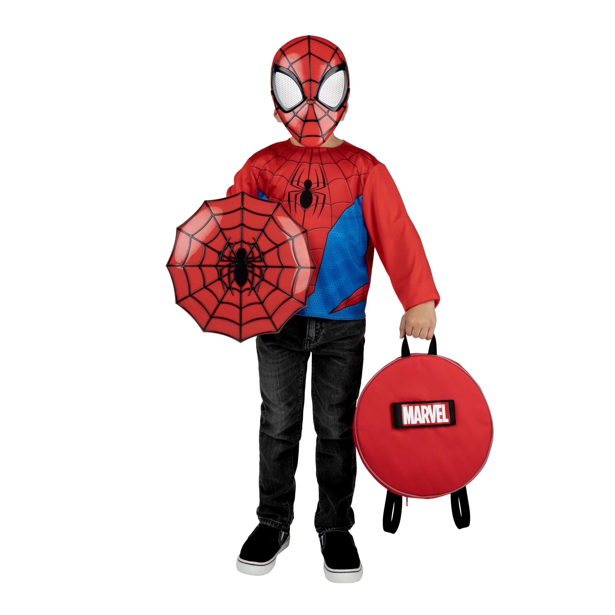 MARVEL Spider-Man PowerPak Dress-Up Set - Backpack with 12-inch Removable Plastic Shield, Throwing Discs, Long Sleeve Costume Top, and Plastic Mask - Size S (4-7)