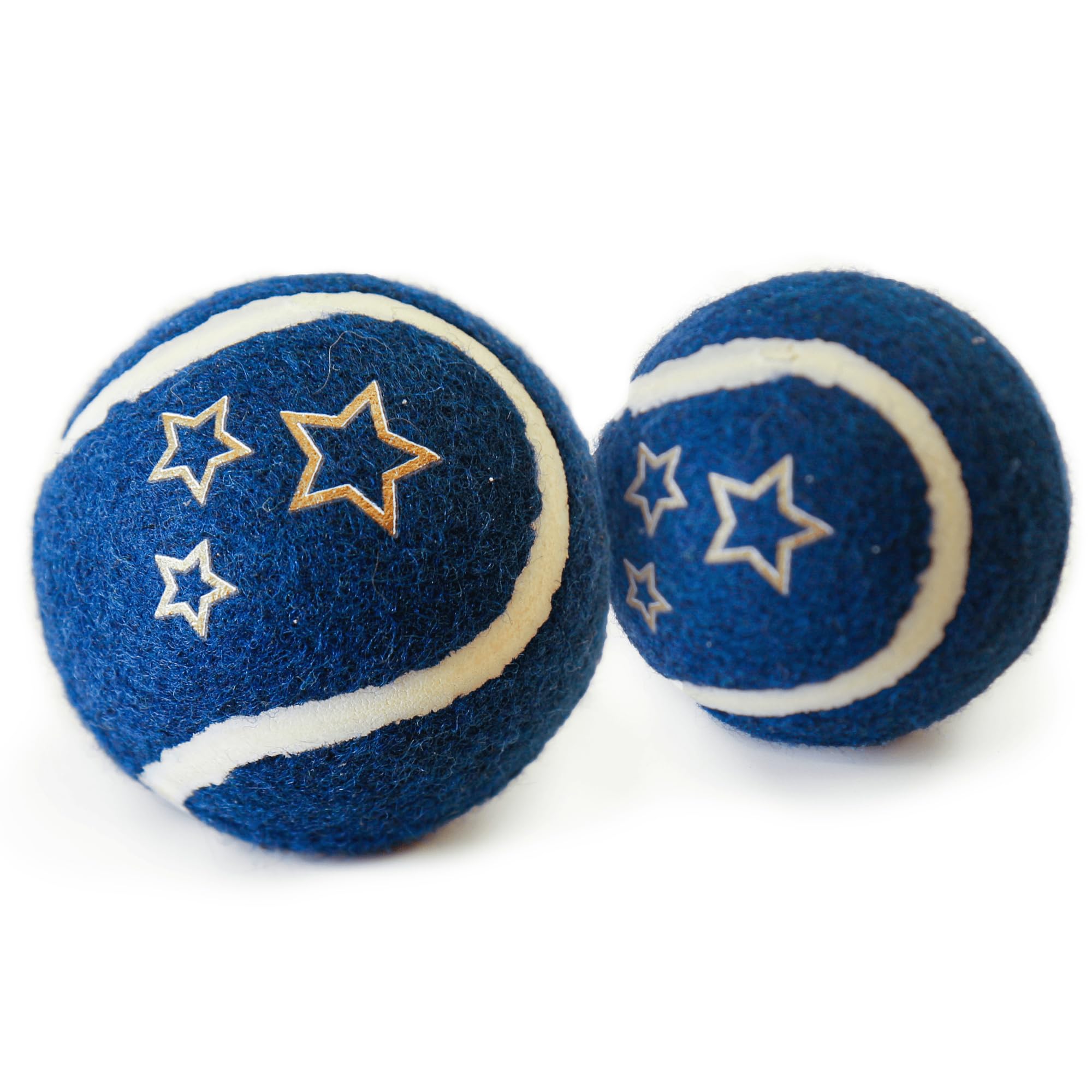 Pack of 2 Tennis Balls for Dog, Gold Star Throw & Fetch Ball Toys, Festive Navy Gold Star Balls, 6.5cm Diameter
