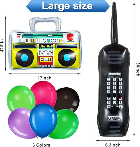 Miniatura 2 de Xuhal Decoraciones de fiesta de los años 80, pancarta de fondo de fiesta de regreso a los 80 con radio inflable Boombox y teléfono móvil, globos de