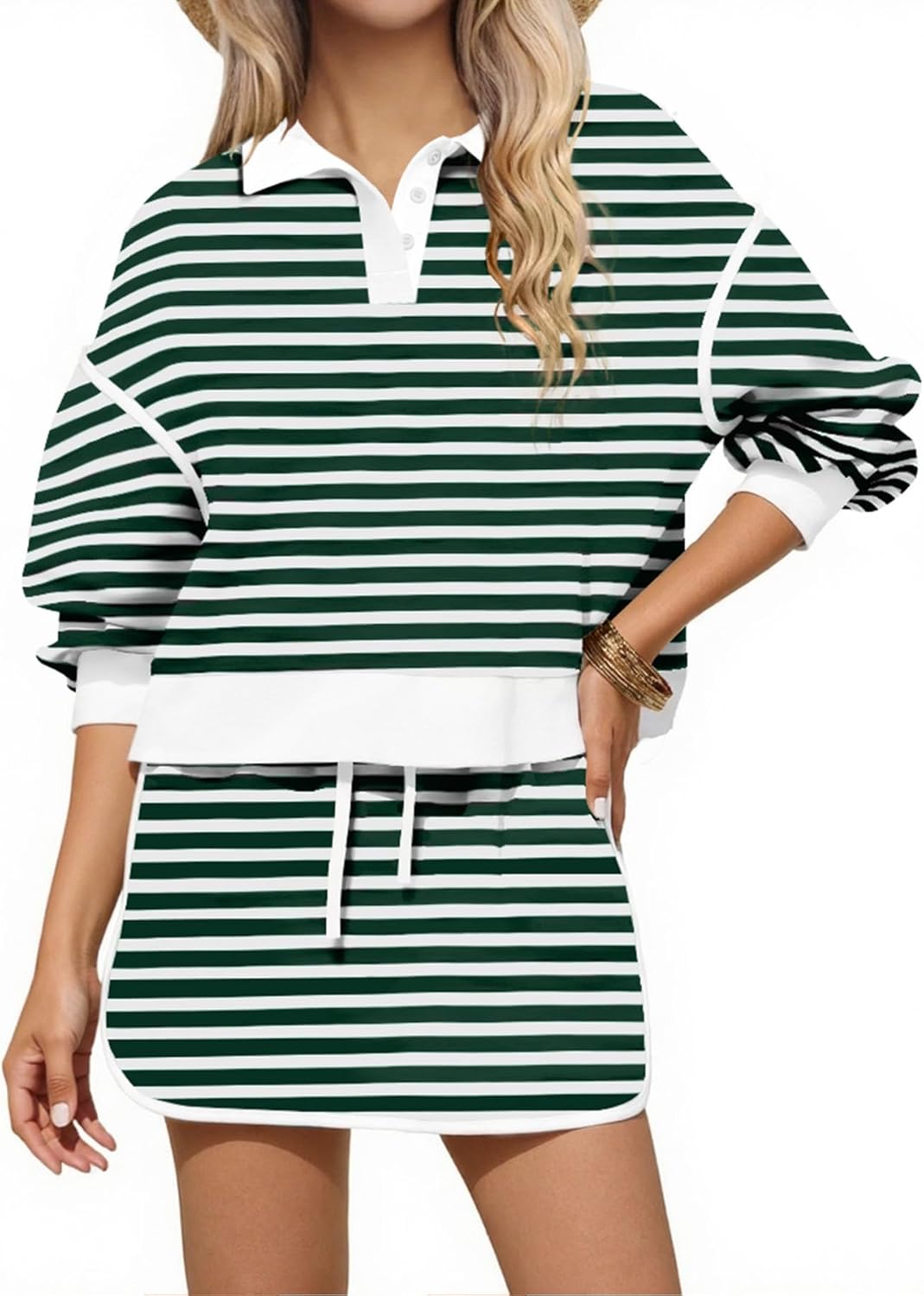 BASQDOV Womens Striped 2 Piece Outfits Long Sleeve Sweatshirt Button V Neck Sweatsuits High Waist Shorts Lounge Sets