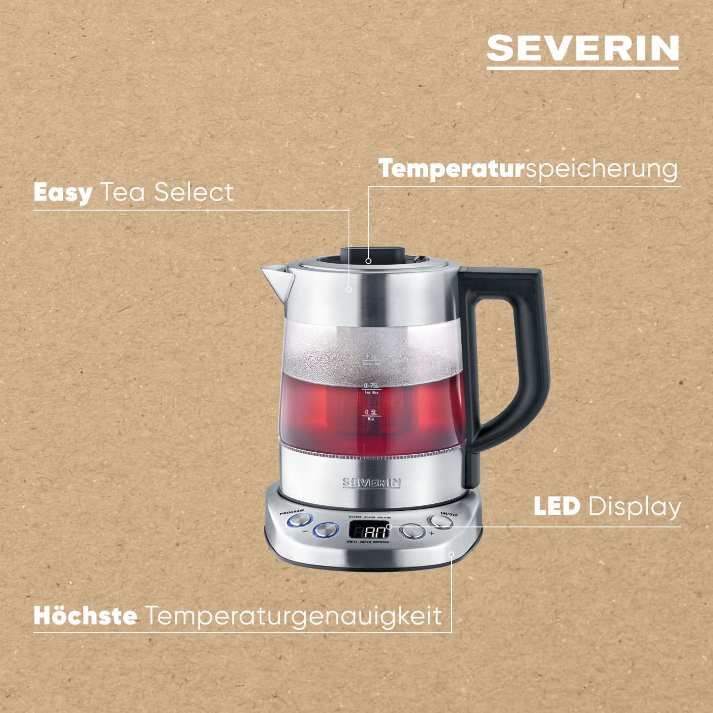 SEVERIN Glas Tee- und Wasserkocher Mini Deluxe (1.0L Wasser / 0.75L Tee), Teekocher mit einstellbarer Temperatur und Ziehzeit, Glas Wasserkocher mit voreingestellten Teeprogrammen, 2.200 W, WK 3473