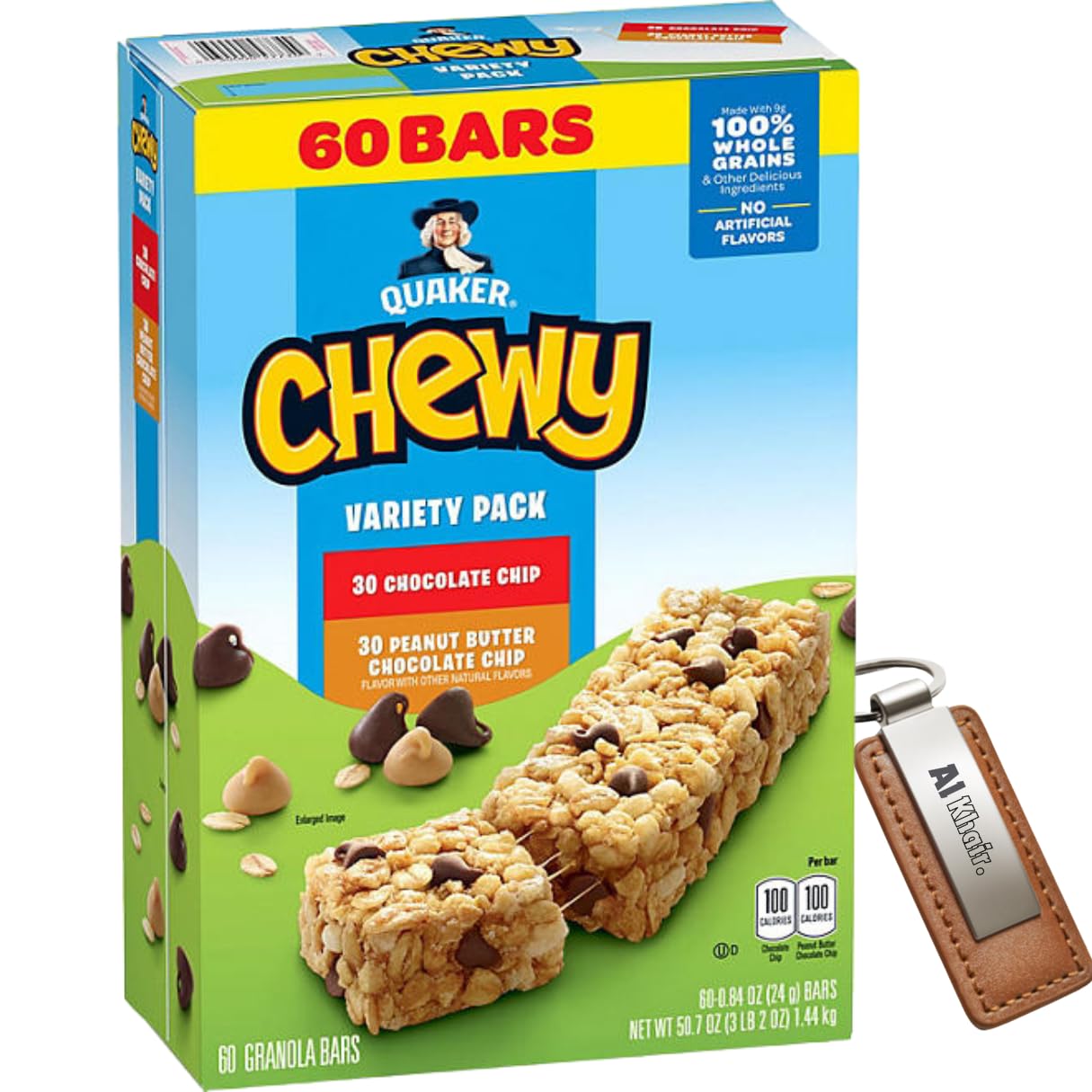 Quaker Chewy Variety Pack, Chocolate Chip & Peanut Butter Chocolate Chip, 60-Count (Pack of 1) - Granola Bars, Bulk Healthy Snack for Adults (Includes Al Khair Trademark Keychain)