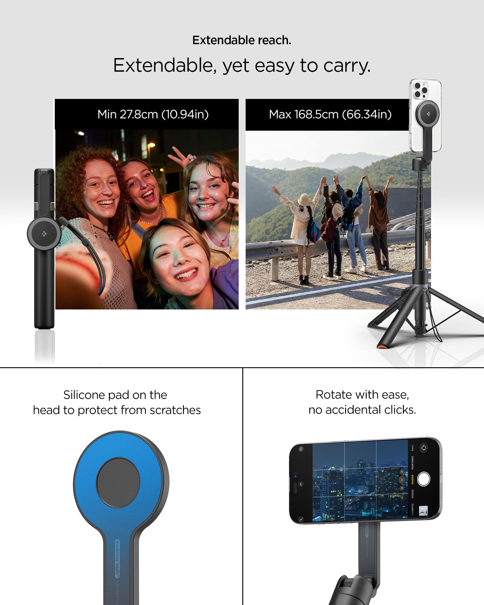 Spigen Treppiede One Push S581W, Bastone Selfie 168,5cm, Apertura Automatica, MagSafe Doppio, Bluetooth 4.2, Compatibile con iPhone, Galaxy, Pixel, Xiaomi, OnePlus e altri - Nero
