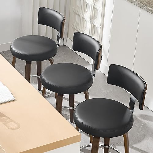 Miniatura 9 de Bekrvio Swivel Counter Height Bar Stools Set of 3, Faux Leather Kitchen Stools Upholstered Barstools with Back, Walnut Wood Legs, Mid Century Island