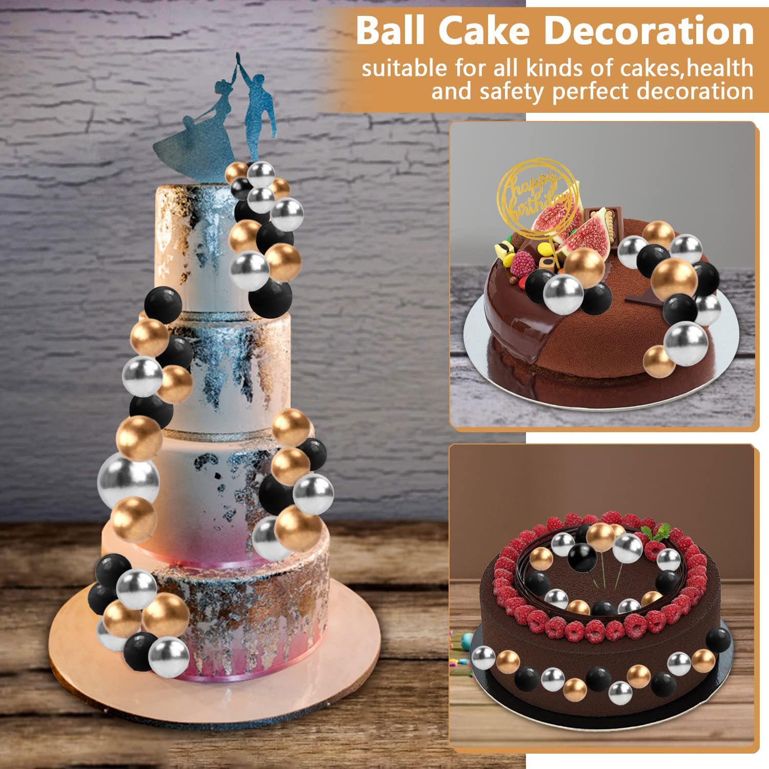 108 Pièces Toppers De Gâteau Ballons Or Et Noir - Décoration Cupcake, Mariage, Anniversaire - Mini Boules En Mousse