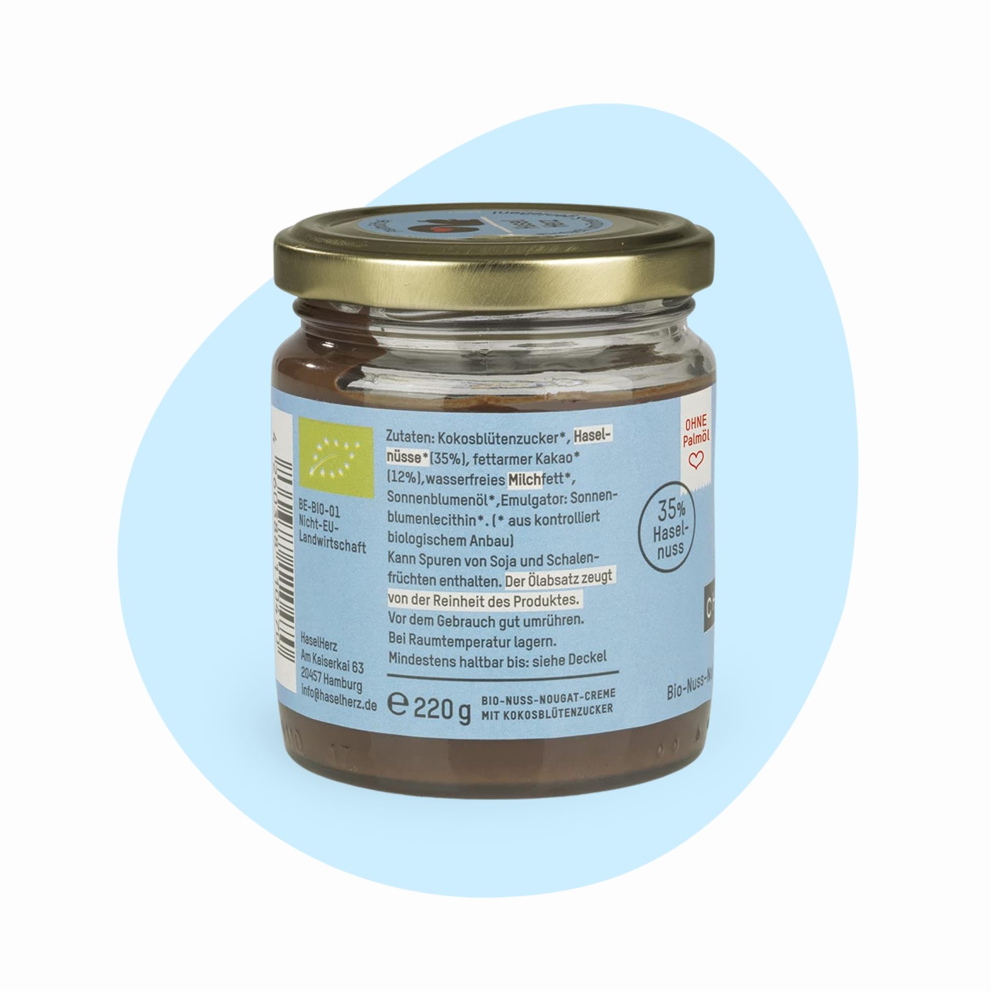 Hasel-Herz Bio Nuss-Nougat-Creme Brot-Aufstrich 6 Gläser x 220g | Gesüßt mit Kokosblütenzucker, ohne Palmöl | 35% Nussanteil, kontrollierter biologischer Anbau, nicht vegan