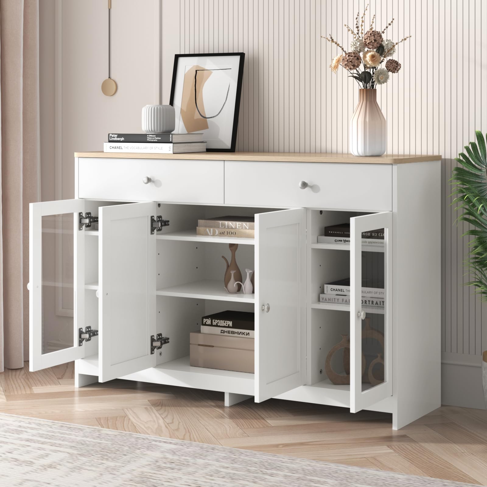 Kredens z białym rysunkiem słojów, komoda z 4 drzwiami i 2 szufladami, komoda z szufladami z regulowanym regałem, uniwersalna szafka do korytarza, salonu, 120 x 37 x 80 cm, kolor drewna i