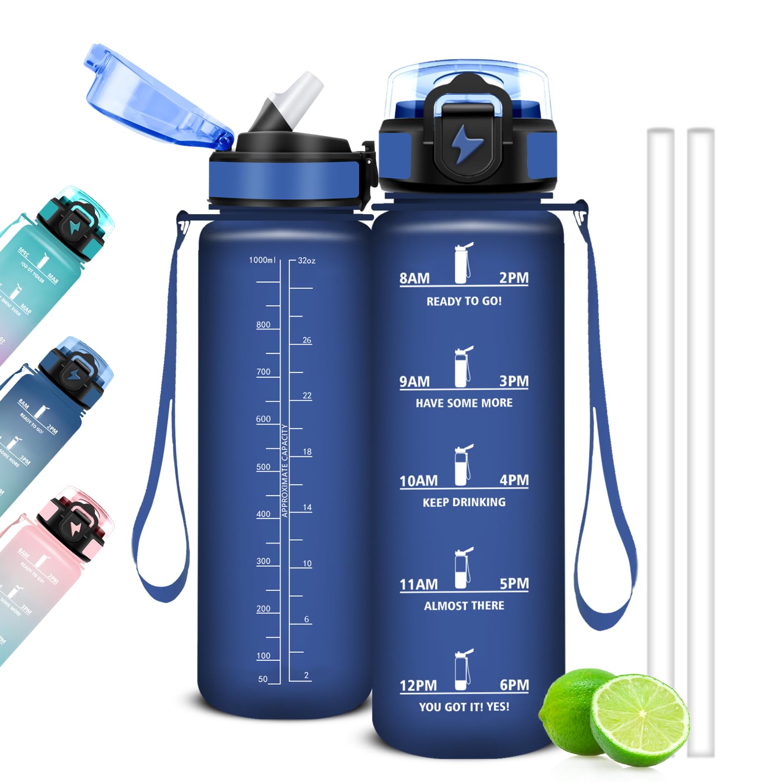 Mujigaga 1 Litre Water Bottle, Sports Water Bottle with Straw and Drinking Times, 1L Motivational Gym Bottle, Leak Proof Water Bottles for Gym, School, Yoga