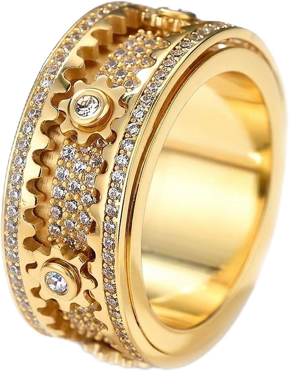 Spinner Ring for Women Men 14K Gold Plated Gear Fidget Ring with CZ Stones unique Rotatable Steampunk Anxiety Stress Relief Spinning Ring