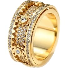 Spinner Ring for Women Men 14K Gold Plated Gear Fidget Ring with CZ Stones unique Rotatable Steampunk Anxiety Stress Relief Spinning Ring