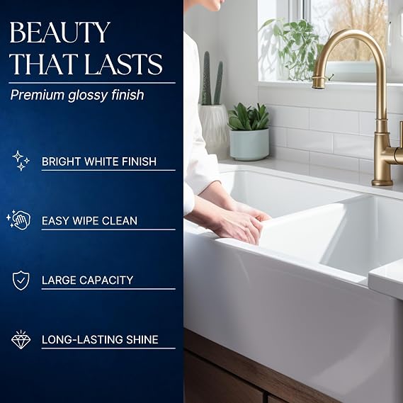 Sinkology Turner 33 in White Fireclay Farmhouse Sink, Double Bowl | SureFire chip-resistant glaze, apron front undermount, 50/50 double bowl, fits 36 in cabinet