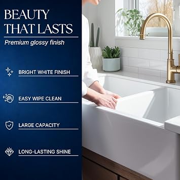Sinkology Turner 33 in White Fireclay Farmhouse Sink, Double Bowl | SureFire chip-resistant glaze, apron front undermount, 50/50 double bowl, fits 36 in cabinet