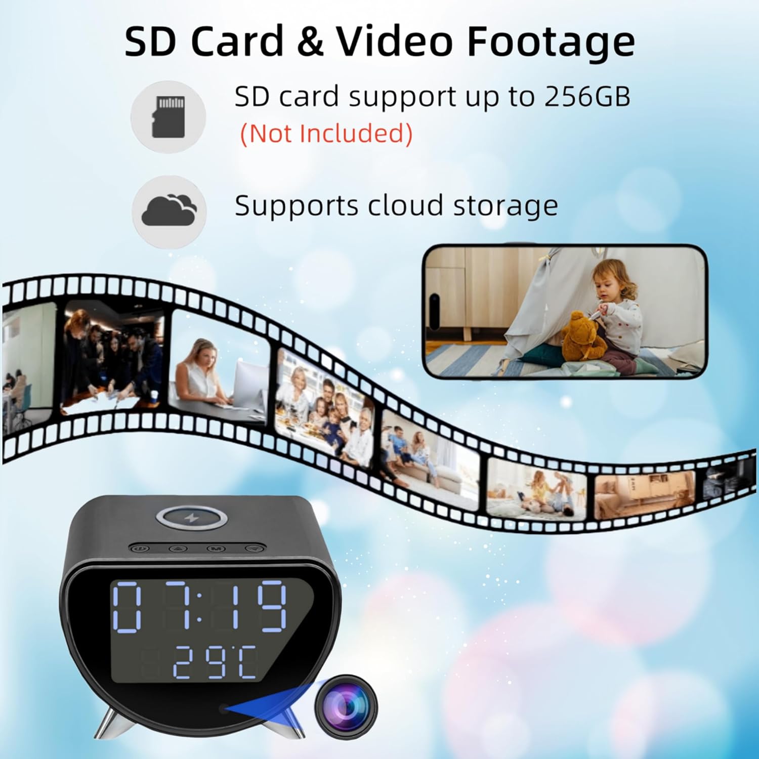 Diagram illustrating SD card insertion and video footage storage on the InCliick 4K Camera Clock.