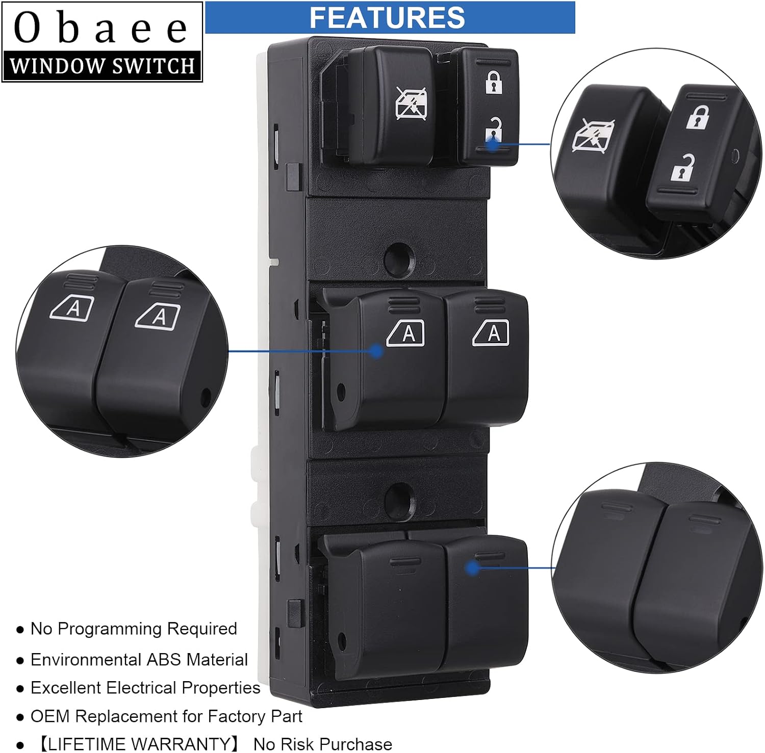 Obaee Driver Side Power Master Window Control Switch Button Compatible with 2007-2012 Nissan Altima Replace 25401-ZN50B, 25401-ZN50C