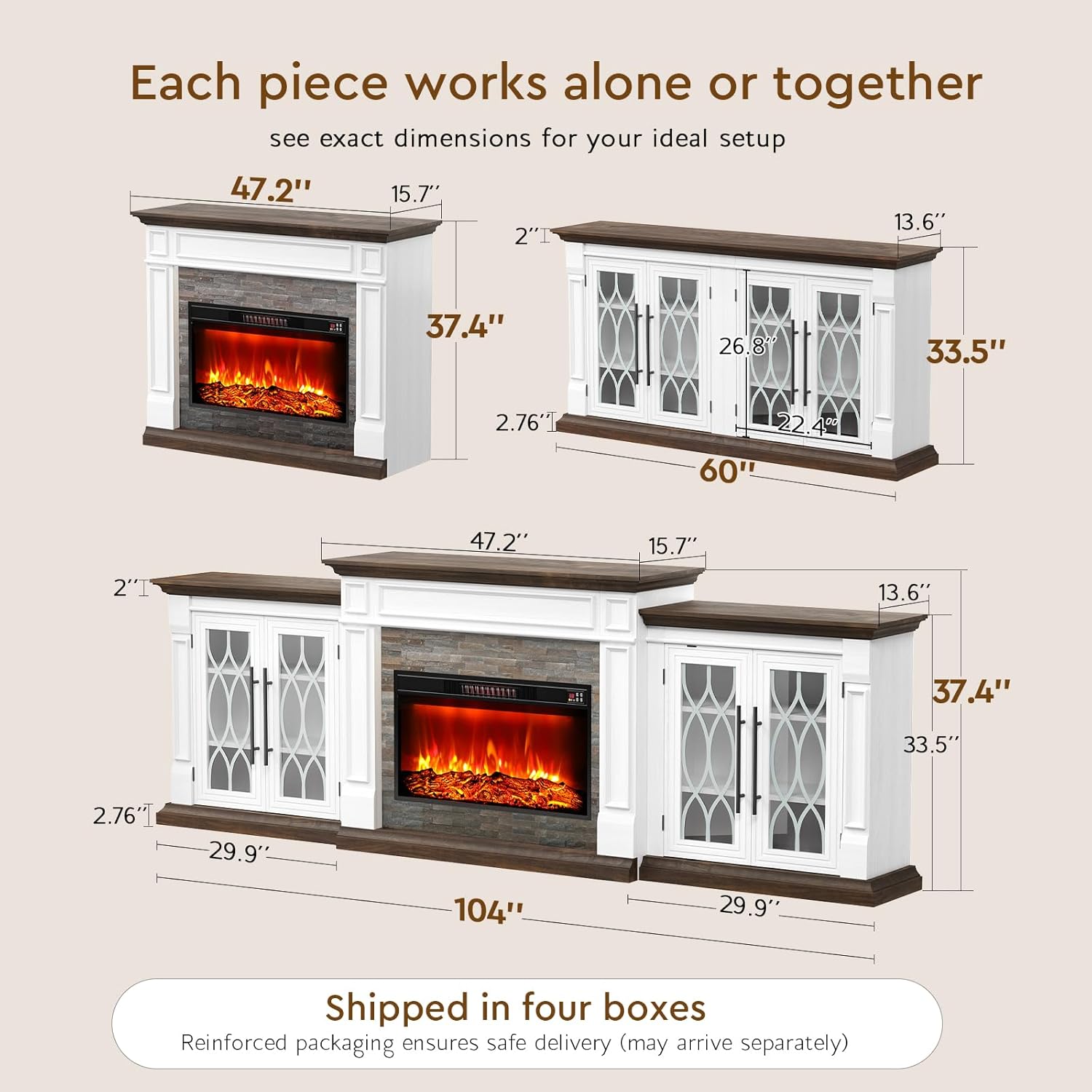 LGHM 104" Fireplace TV Stand with for TVs Up to 100 Inch, 3 in 1 Electric Fireplace with Mantel, Entertainment Center with Storage, 30'' Fireplace Heater Insert with 3D Flame Effect for Living Room
