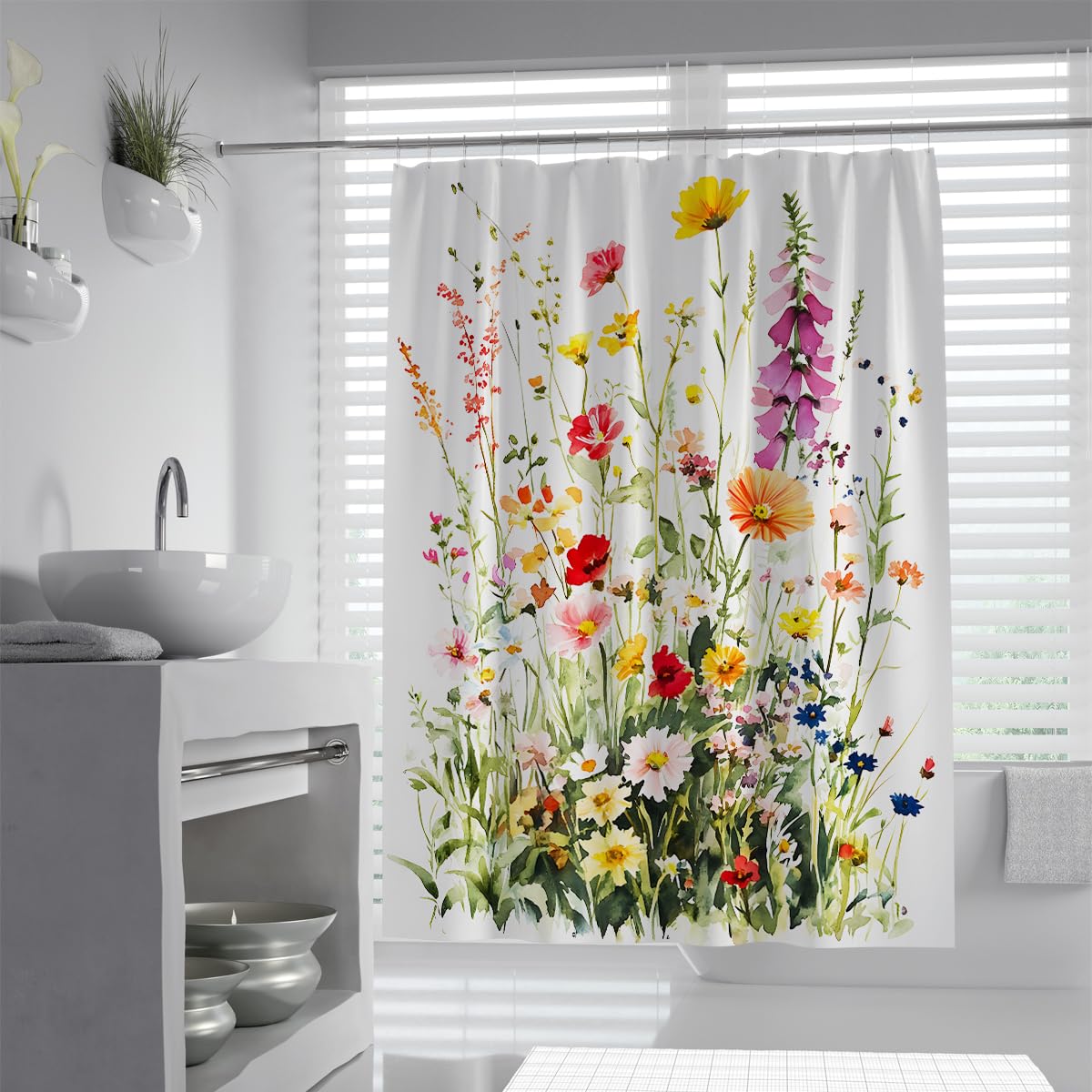 UIRINGART Bright Garden Shower Curtain W200xL220cm Watercolor Wildflower Print Water Repellent Polyester Mildew Proof Quick Drying Bathroom Screen with Hooks