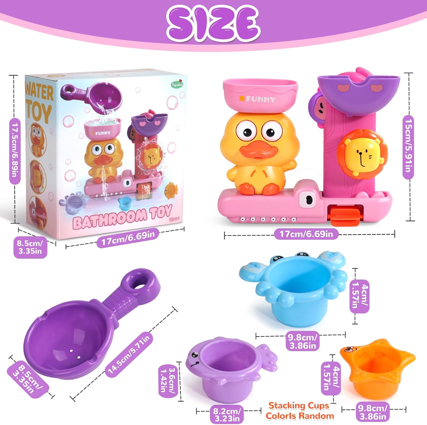 Baby Bath Toys for Kids Ages 1-3 Interactive Toddler Bath Toys Duck Learning Mold Free Shower Tub Toys for 1+ Year Old Girl Gifts with 3 Stacking Cups & 1 Water Spoon(Pink)