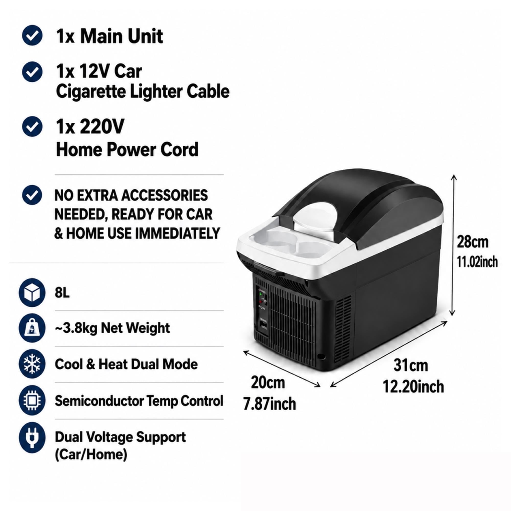Frigo Portatile per Auto 8L Elettrico 12V/220V per Campeggio e Viaggi | Mini Frigo, Funzione Raffreddamento & Riscaldamento per Auto e Casa, Ideale per Bevande e Snack