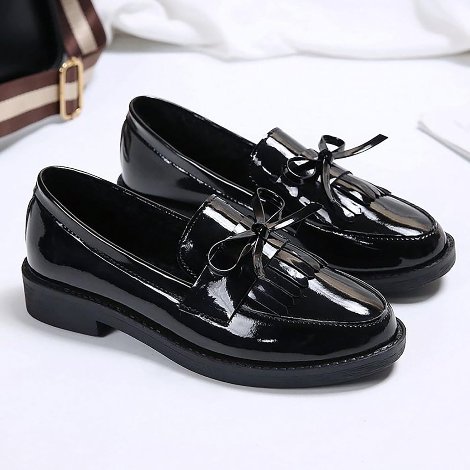 Tassel Loafers for Women's Patent Leather Low Chunky Heel Bow Dress Shoes Fashion Slip-On Block Heel Slip-On Uniform Office Office Shoes - Image 6