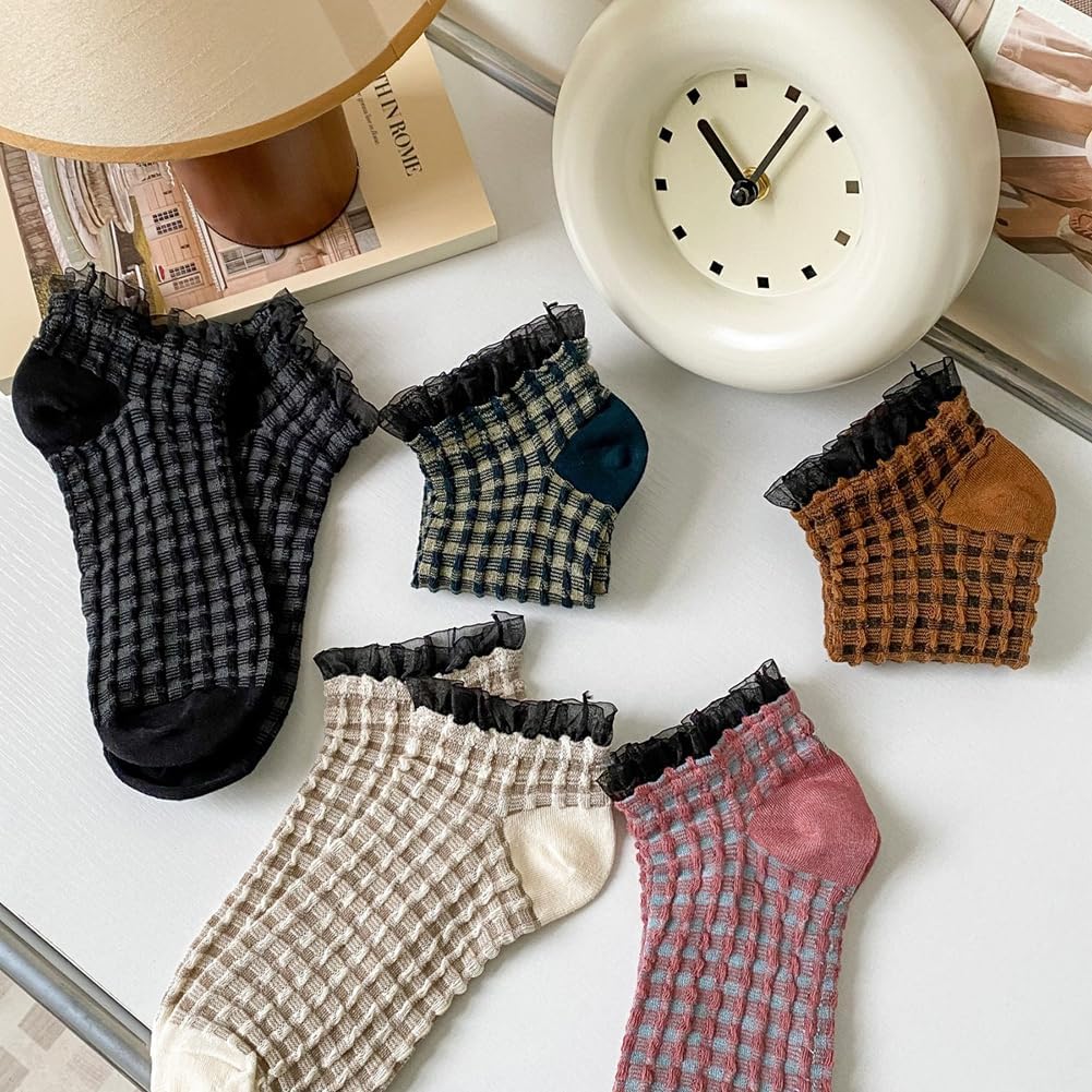5Pcs Ruffle Striped Frilly Socks Cute Checkered Ankle Sock for Women Lace No Show Socks Womens Cotton Knit Casual Crew Sock Size 5-9