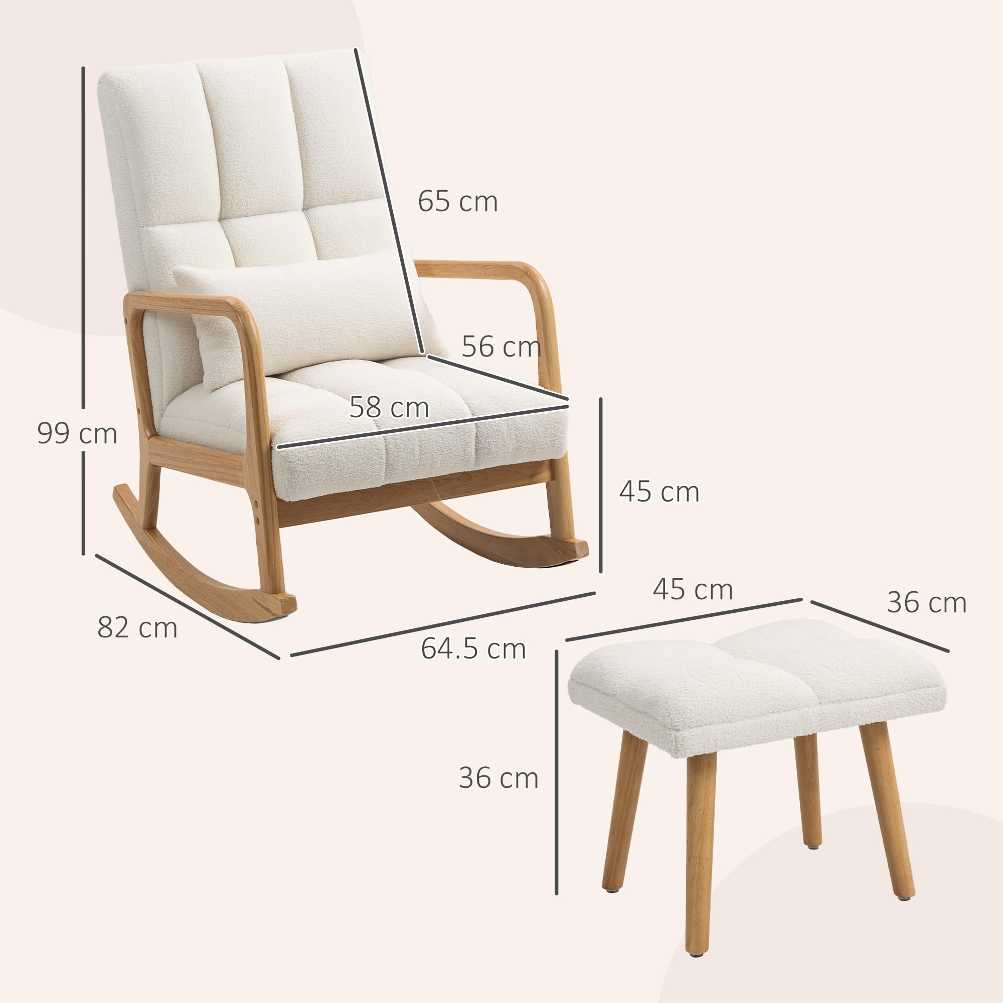 HOMCOM Schaukelstuhl mit Hocker Fleece-Bezug Armlehnen Holzkufen Weiß | Schaukelsessel, Breit Sitz, Hohe Rückenlehne, Gepolstert, Schwingsessel, Relaxsessel, Wohnzimmer, Schlafzimmer
