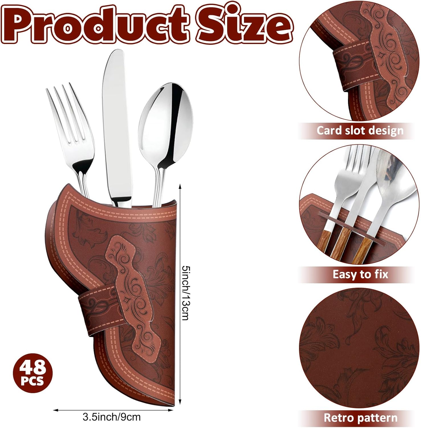 Newtay 48 Pcs Cowboy Holster Silverware Holders Cardstock Western Party Tableware Supplies Cutlery Sleeve Knife and Fork Holder Vintage Utensil Holders for Western Rodeo Party Favors (Brown)