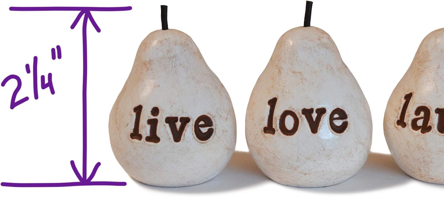 Handmade Clay Vintage White Pear Sculpture with Stamped Word ‘Live Love Laugh’ – Small Inspirational Gift Figurine Kitchen Decor