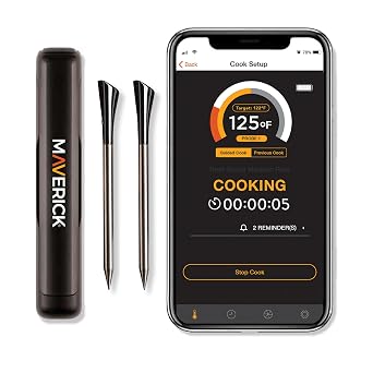 Maverick Stake Wireless Bluetooth Meat Thermometer, Battery-Free Probe, 2-Min USB Charge Up to 4 Hrs, 32-ft App Range iOS/Android, 572F Ceramic Handle, Alerts, Graphs & Up to 8 Probes BT-32
