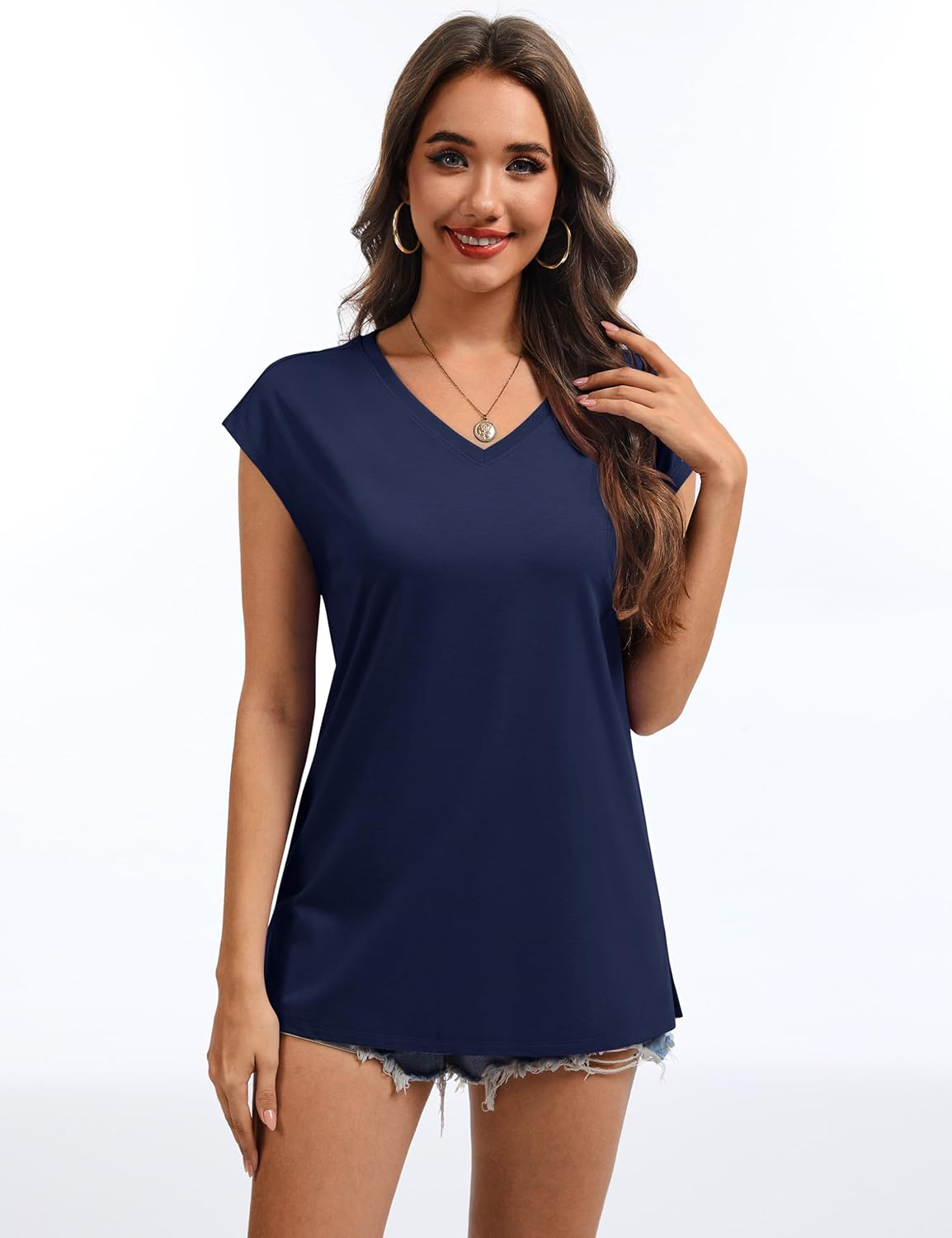 YUCOLEN Women's Cap Short Sleeve Tunic Tops V Neck Cotton T-Shirts UPF50+ Soft Breathable Summer Basic Tee - Image 3