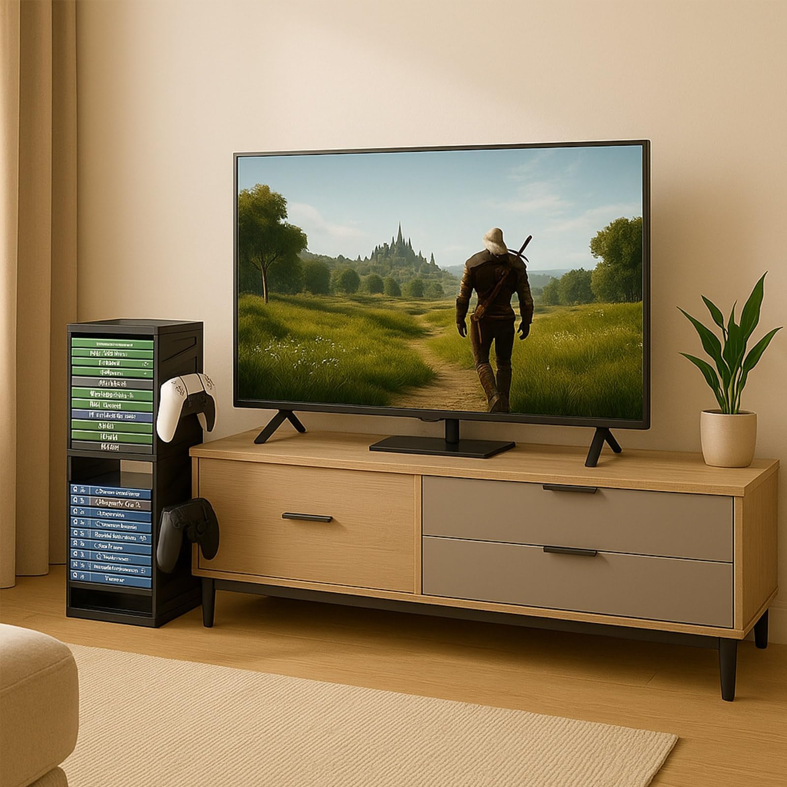 Supporto a torre di archiviazione per giochi per PS5, PS4, Xbox Series X/S, Xbox One, Switch e dischi Blu-Ray - Rack organizer per 24 dischi con controller e ganci per cuffie, salvaspazio