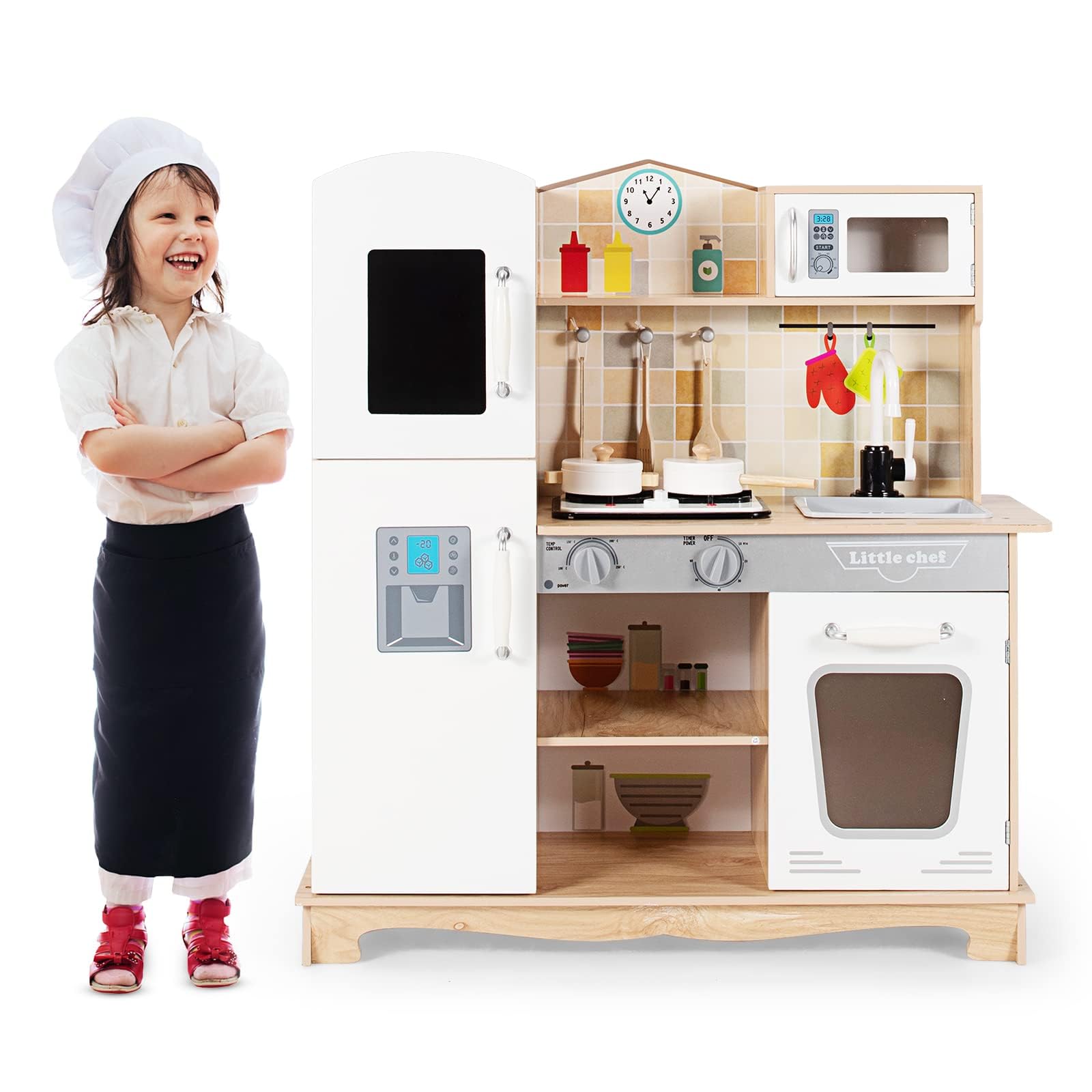 FANTASK Cocina infantil de madera para niños a partir de 3 años, cocina de juegos para niños con ganchos y estante desmontable, cocina infantil de madera con luz y sonido, 81 x 29 x 88,5 cm