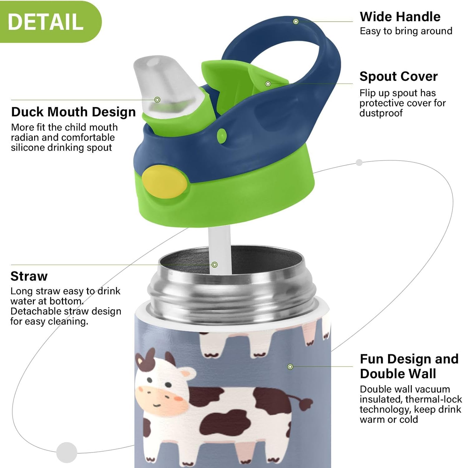 YETTASBIN Cute Cow Water Bottle for Kids, 12 oz Leakproof Double Walled Insulated Stainless Steel Water Bottle Travel Tumbler with Straw Lid for Girls Boys Toddlers - Image 4